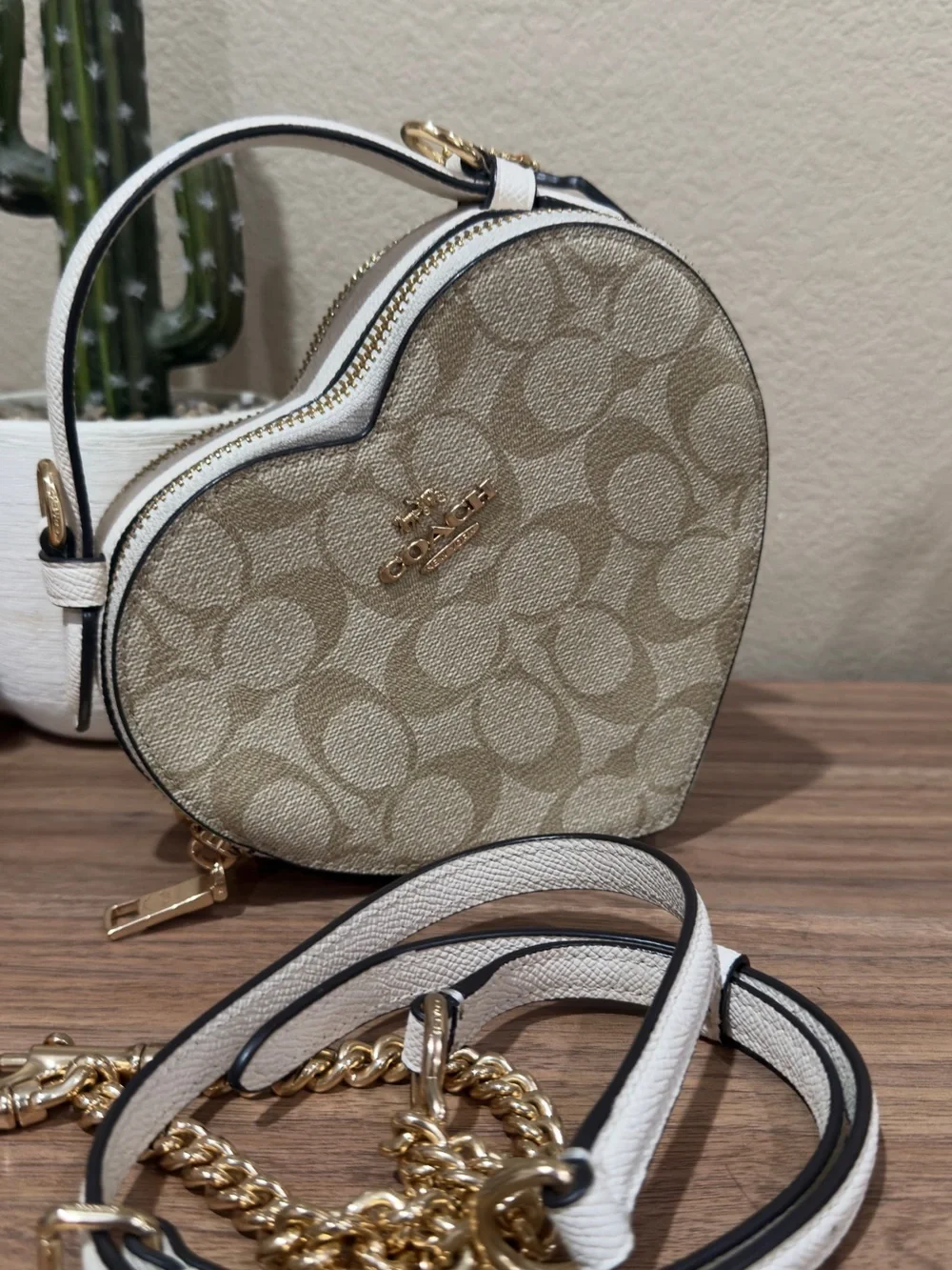 Coach Beige Signature Heart Mini Crossbody with Gold Logo